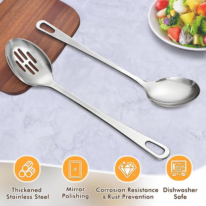 2 Pcs Stainless Steel Cooking Spoons Set, Solid & Slotted Metal Serving Spoons, Heavy Duty Sturdy Large Soup Ladle, High Heat Resistant Kitchen Cooking Utensils for Mixing, Stirring, Easy to Clean2