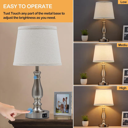 Lamps for Bedrooms Set of 2, Brushed Nickel Bedside Lamps with USB C+A Ports,Dimmable Nightstand Lamps with Fabric Lampshade, Touch Table Lamp for Living Room Bedroom Office, Bulbs Included2