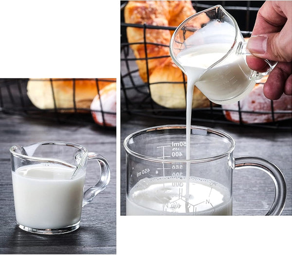 4 Pack Double Spouts Measuring Cups Espresso Shot Glass with Handle, 2.5 Oz Mini Milk Triple Pitcher Barista Clear Graduated Cups for Coffee, Wine, Bar, Party6