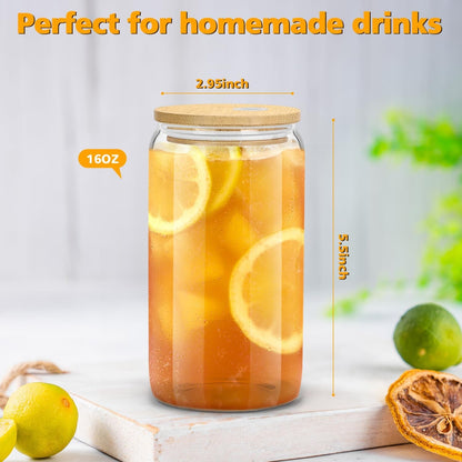 Glass Cups with Lids and Straws - 16 Oz Glass Drinking Cups Set for Coffee | Glass Cups with Bamboo Lids, Iced Coffee Cup, Home Essential, Coffee Bar Accessories, Glass Tumbler, Reusable, 4 Pack5