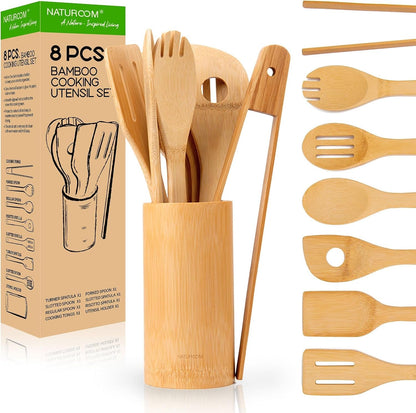 Kitchen Utensils Set of 8 PCS, 12Inches Bamboo Wooden Cooking Spoon & Spatula Tools Perfect for Non-Stick Cookware (Bamboo 12Inches)1