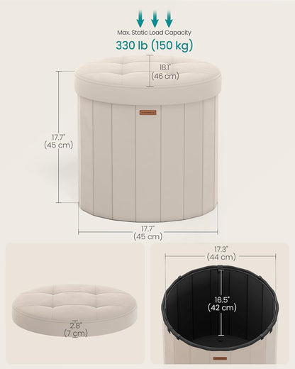 SONGMICS Mazie Collection - round Storage Ottoman, Folding Footrest Stool with Removable Lid, Easy Assembly, Velvet Vanity Stool for Bedroom, Living Room, Entryway, Cappuccino Beige ULSF608L012
