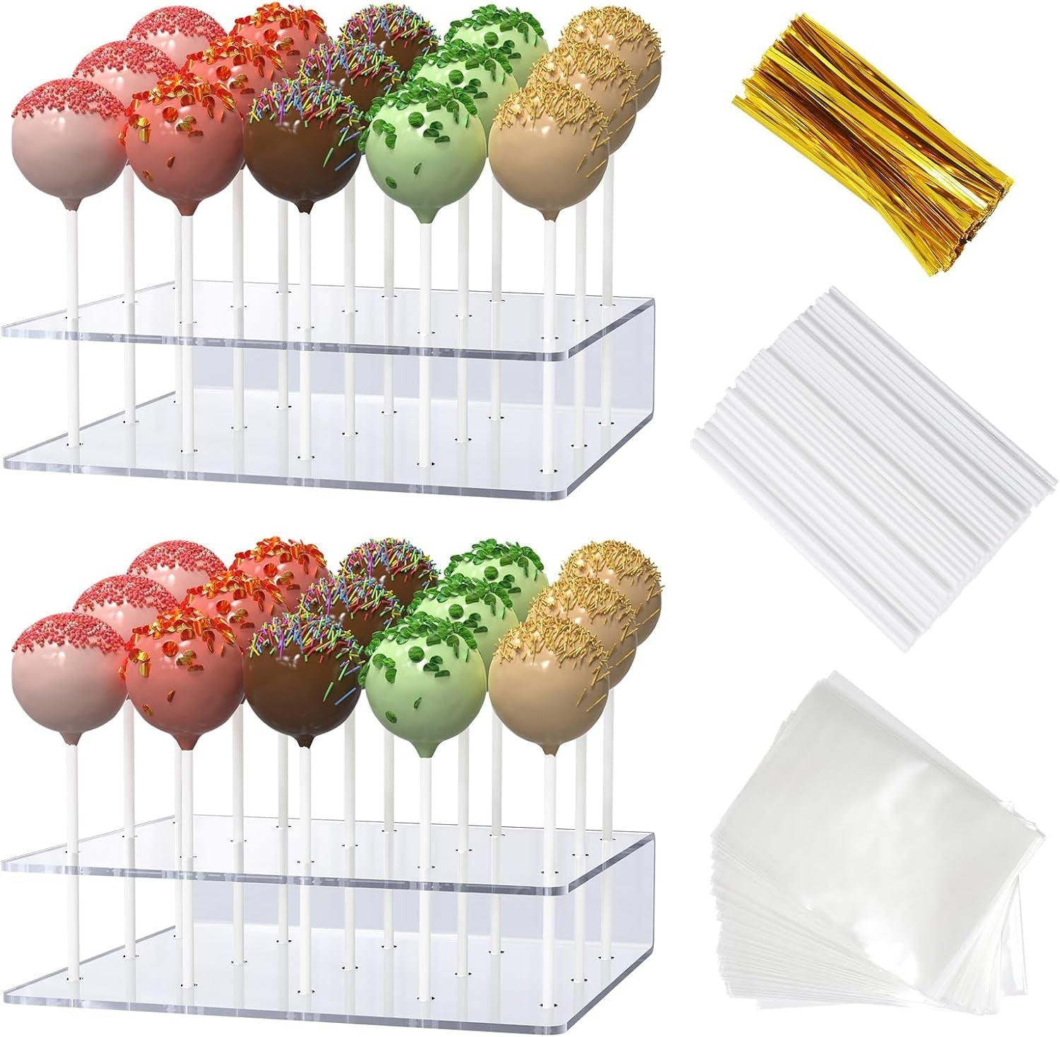 2-pack-cake-pop-stand-with-sticks-kit-acrylic-lollipop-hold-stand-clear-cake-pop-display-holder-15-holes-candy-pop-holder-with-100-pcs-sticks-100-pcs-clear-wrappers-100-pcs-gold-twist-ties