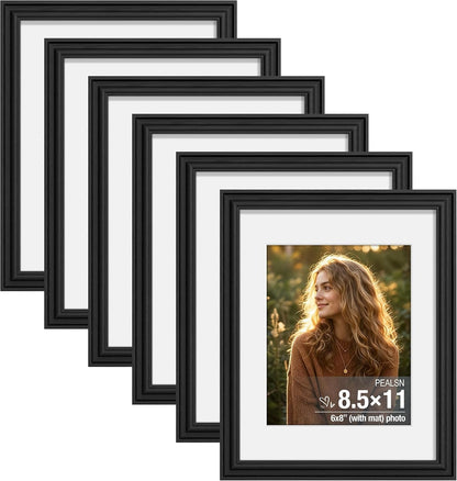 8.5X11 Picture Frame Set of 6, Wall or Tabletop, Black Woodgrain1