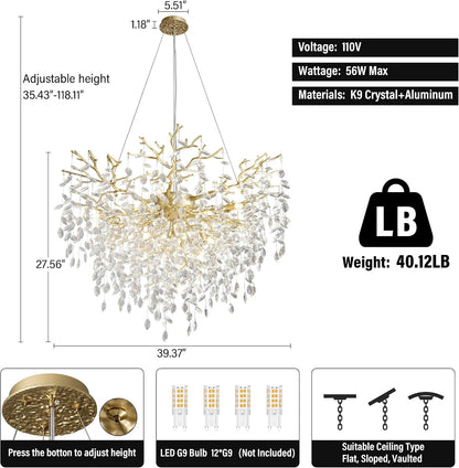 40" Gold Tree Branch Chandelier, 12-Light Modern Crystal Chandelier for Dining Room, Luxury round K9 Crystal Raindrop Chandeliers Light Fixture for Foyer, Entryway, Living Room, Bedroom, Kitchen4