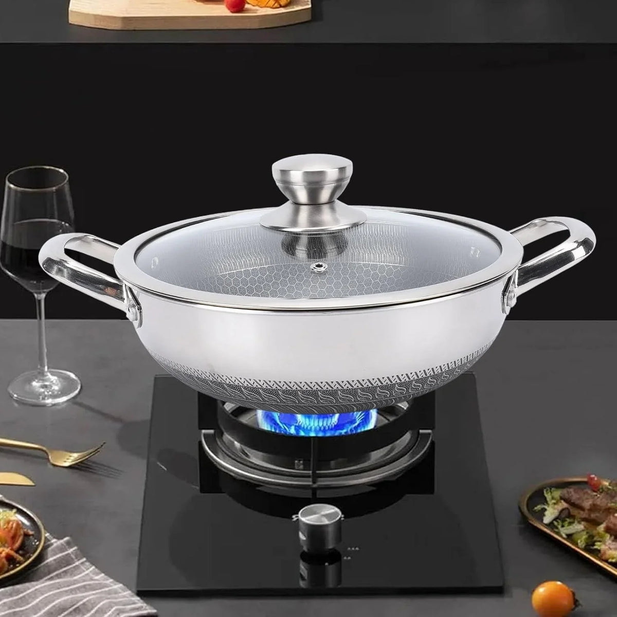 stainless-steel-wok-pan-nonstick-frying-pan-honeycomb-stir-fry-skillet-with-lid-compatible-with-induction-cooker-gas-range-dishwasher-safe-26cm