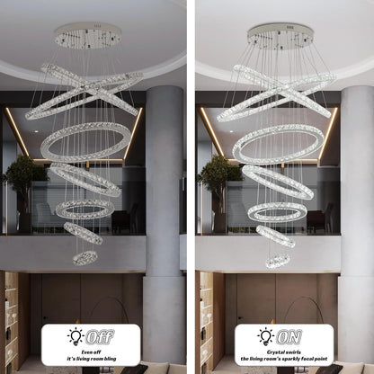 7-Ring Crystal LED Chandelier, 6000K for High Ceilings6