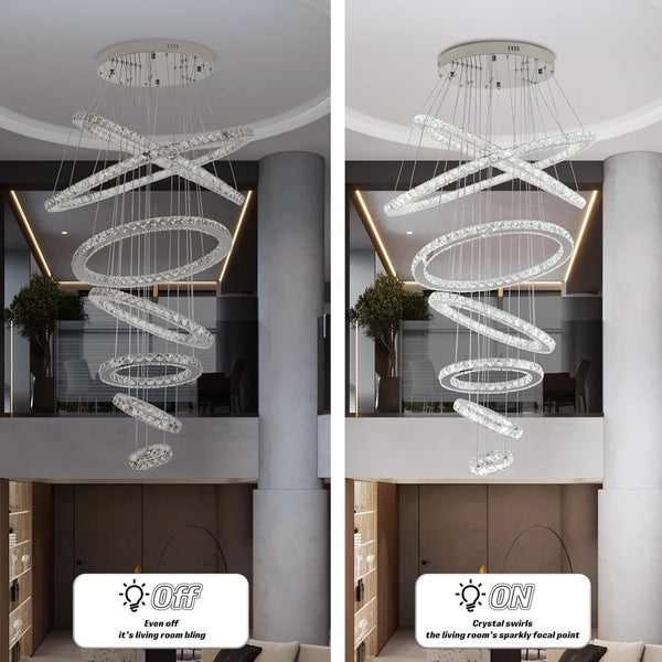 7-Ring Crystal LED Chandelier, 6000K for High Ceilings6