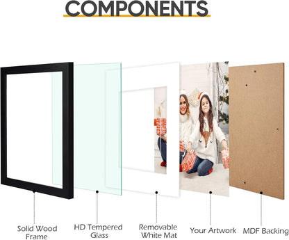 11X14 Black Picture Frame,Solid Wood&Real Glass,Mat 8X105