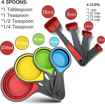 Collapsible Silicone Soft Measuring Cups and Measuring Spoons,8 Pieces Portable Food Grade Silicone Measurement Cup for Liquid & Dry Measuring Baking &Utensils & Travel Measuring Cup，Space Saver2