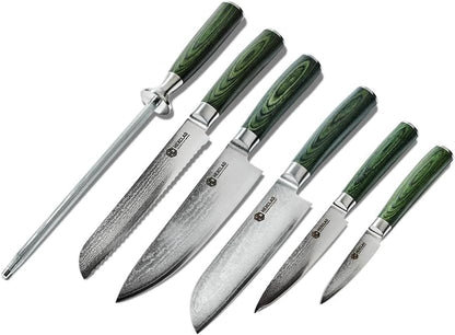 Hexclad Green 6 Piece Japanese Damascus Stainless Steel Knife Set | Full Tang Construction, Pakkawood Handle, 67 Layers Steel1