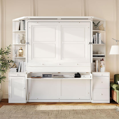 Queen Murphy Bed with Storage Shelves, Desk, and LED Lights,Wood Hidden Folding Farmhouse Murphy Wall Bed with Storage Cabinets Bookcase Drawers & Shelves for Adults, Space-Saving (Queen,White)1