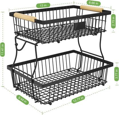 2 Tier Fruit Basket for Kitchen Counter with 2 Banana Hangers, Countertop Metal Bread Basket with Wooden Handle, Large Storage Stand for Vegetables, Snacks, Eggs, Produce Storage – Black4