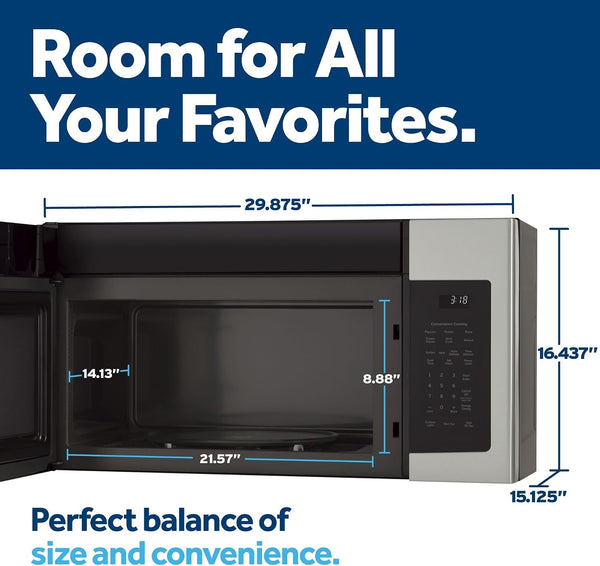 GE Over-The-Range Microwave Oven with Recirculating Venting, 1.8 Cu. FT, 900W, 12.8” Removable Turntable, 10 Power Levels, Stainless Steel2
