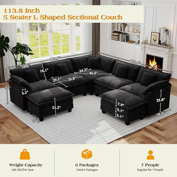 Modular Sectional Sofa,Cloud Couch for Living Room,Modern Deep Seat Sofa Chenille Fabric Comfy Couches with Throw Pillows & Movable Ottoman for Apartment2