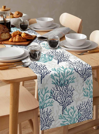 Tropical Coral Cotton Linen Rectangle Table Runners, Summer Coastal Kitchen Table Cloth Scarves, Beach Seaside Nautical Luxury Coffee Table Runner (Teal Blue Grey Coral,13X120 Inch)6