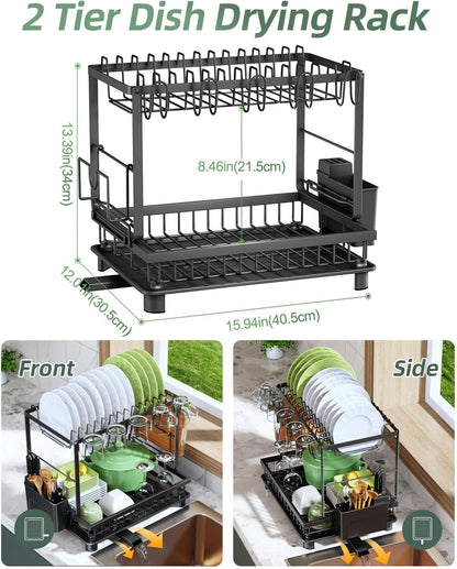 2-Tier Dish Drying Rack for Kitchen Counter, Space-Saving, Black2