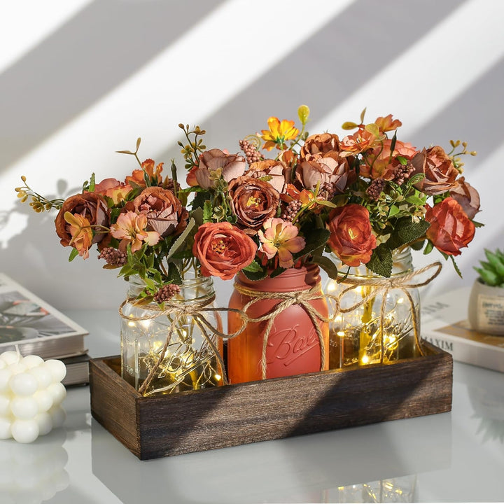 3 Pcs Mason Jar Centerpiece Table Decorations for Dining Table Decor Farmhouse Coffee Table Decor with Wood Tray and Led Light Table Centerpieces for Dining Room Kitchen Living Bathroom,Orange | Rustic Farmhouse Decor for Home Décor Accents Kitchen Counter Decor Dining Room Living Bathroom,Orange+2