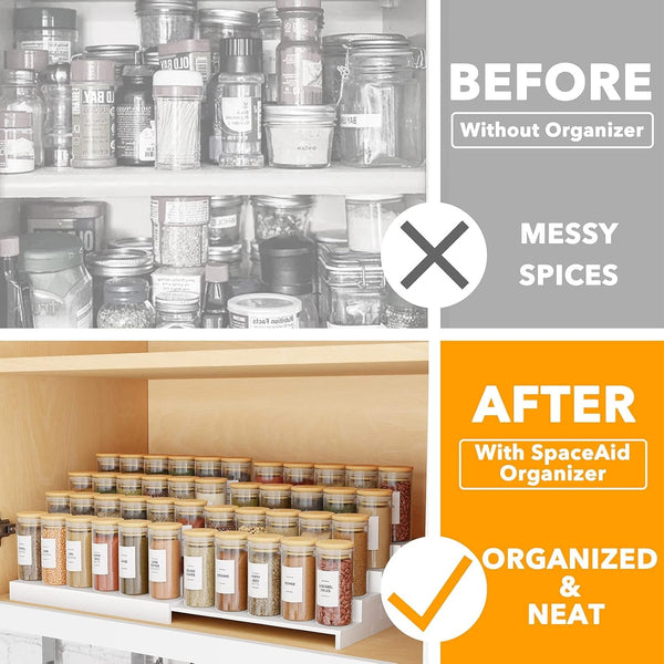 Bamboo Spice Rack Organizer for Cabinet, Kitchen Pantry Spices Storage Rack for Cabinets Organization, Home Seasoning Tiered Can Goods Racks Wood Shelf Organizers (4 Tier, Black)2