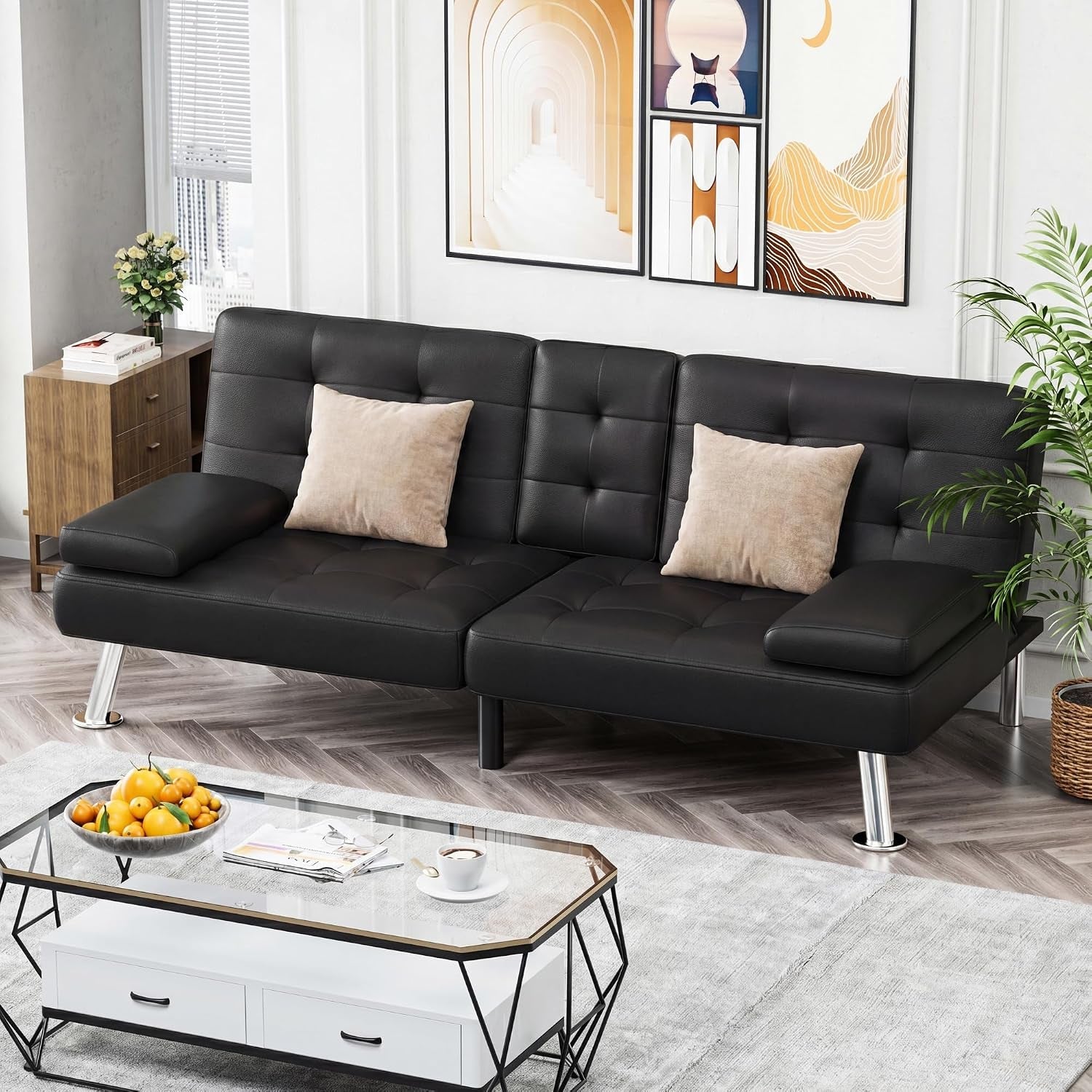 black-faux-leather-futon-sofa-bed-loveseat-with-adjustable-backrest-futon-couch-with-removable-armrests-recliner-sleeper-sofa-bed-with-dual-cup-holders-for-living-room-apartment-office-black