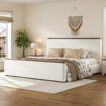 Modern Queen Size Floor Upholstered Bed with High Headboard, White1