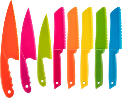8 Pcs Kid Cooking Kitchen Knife Set, Plastic Serrated Edges Children'S Safe Chef Nylon Knives for Cutting Fruit Bread Cake Salad Lettuce Kids Cooking Supply(Multi Colors Square Knife)1