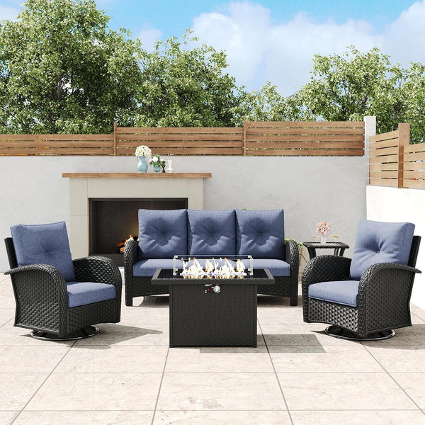 5 Pieces Outdoor Wicker Patio Swivel Rocking Chairs, All Weather Wicker Conversation Set with 44" Fire Pit Table2