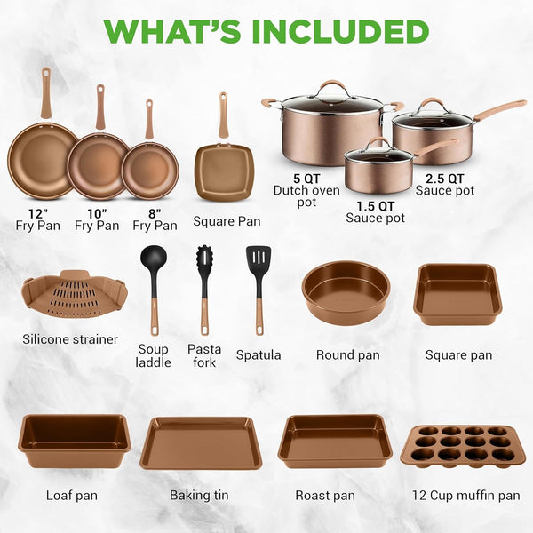 20 Piece Professional Home Kitchen Cookware and Bakeware, Pots and Pans Set Non Stick Kitchenware, Cool-Touch Handles, Non Toxic, Safe for Gas, Electric, Induction Cooktops, Easy Clean6