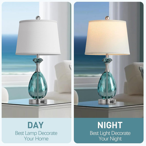 Coastal Glass Table Lamps Set of 2, 3-Way Dimmable Touch Control Nautical Lamp with USB A+C Ports,Bedside Lamp Beach Decor,Nightstand Lamp with White Shade for Living Room Bedroom(Led Bulbs Included)7