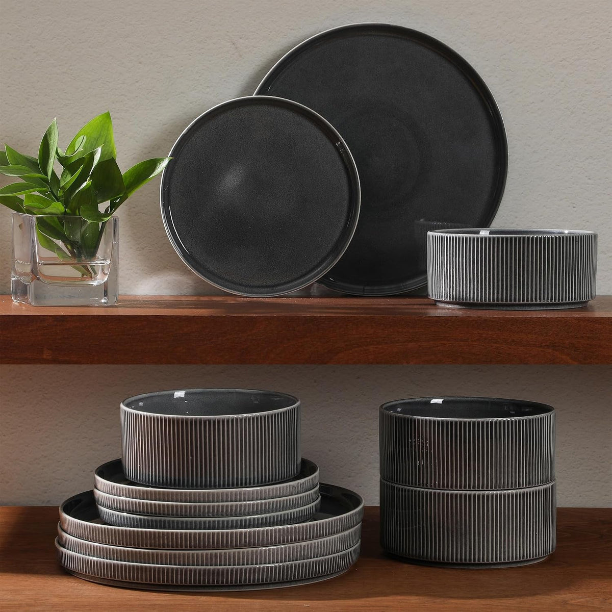 solana-coast-12-piece-stoneware-reactive-glaze-service-for-4-ceramic-plates-and-bowls-modern-shape-embossed-dinnerware-set-black
