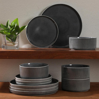 Solana Coast 12 Piece Stoneware Reactive Glaze (Service for 4) Ceramic Plates and Bowls Modern Shape Embossed Dinnerware Set - Black7