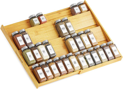 Bamboo Spice Drawer Organizer, (Need 3" Deep Drawer) Expandable 4 Tier Spices Rack for Cabinet, Kitchen Seasoning Storage Insert (Jars Not Included, from 12" to 23" Wide)1