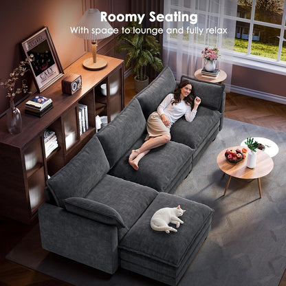 110.6" Modular Sectional Sofa, 5-Seat Chenille Couch with Deep Seat, Ottoman & Throw Pillows, U-Shaped Couch for Living Room, Grey7