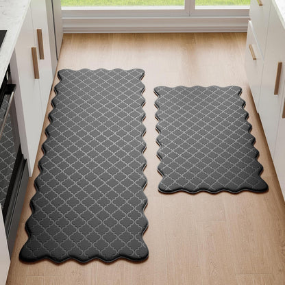 Upgrade Scalloped Kitchen Mats for Floor 2PC, Black Kitchen Rugs | 17.3" X 30"+17.3" X 47", Embossed Depth, Cushioned Comfort, Anti-Fatigue Support, Waterproof, Wipe Clean, Non-Slip Stability8
