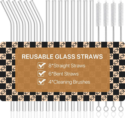 Glass Straws, 18-Pack Reusable Clear Glass Drinking Straws Set | 8 Straight and 6 Bent Straws, 4 Straw Cleaner Brush, Ideal for Smoothies, Milkshakes, Juice, Iced Coffee and Tea, 8.5”X 10Mm1