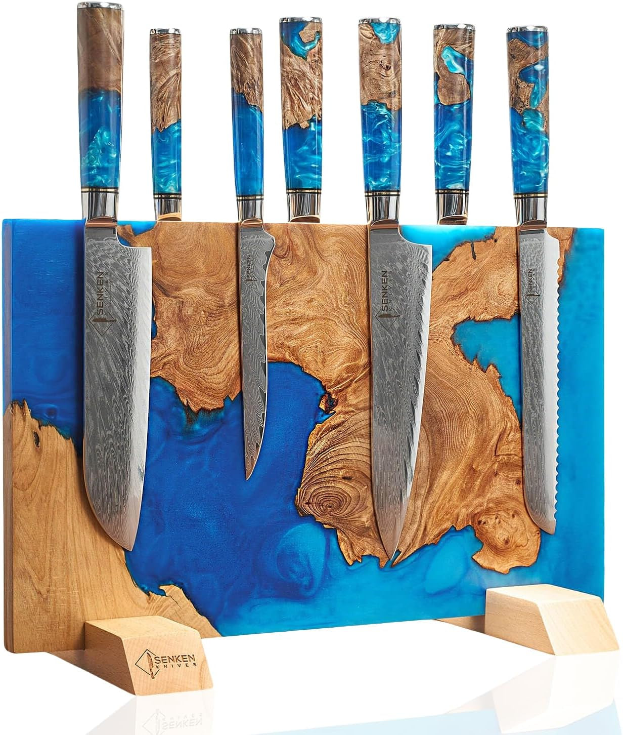 senken-tsunami-7-piece-damascus-kitchen-knife-set-with-magnetic-knife-block-67-layer-japanese-vg10-steel-chef-santoku-cleaver-bread-boning-more-blue-resin-burl-wood-block
