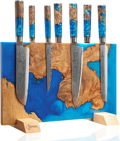 SENKEN Tsunami 7-Piece Damascus Kitchen Knife Set with Magnetic Knife Block – 67-Layer Japanese VG10 Steel – Chef, Santoku, Cleaver, Bread, Boning & More – Blue Resin Burl Wood Block1