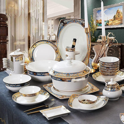 Dinnerware Sets - Luxury Gift Dishes Service Set, 80 Piece Bone China Tableware Set for 10 People, European Style Gold Pattern Dinnerware Set with Bowls and Plates, Oujinmm20243272