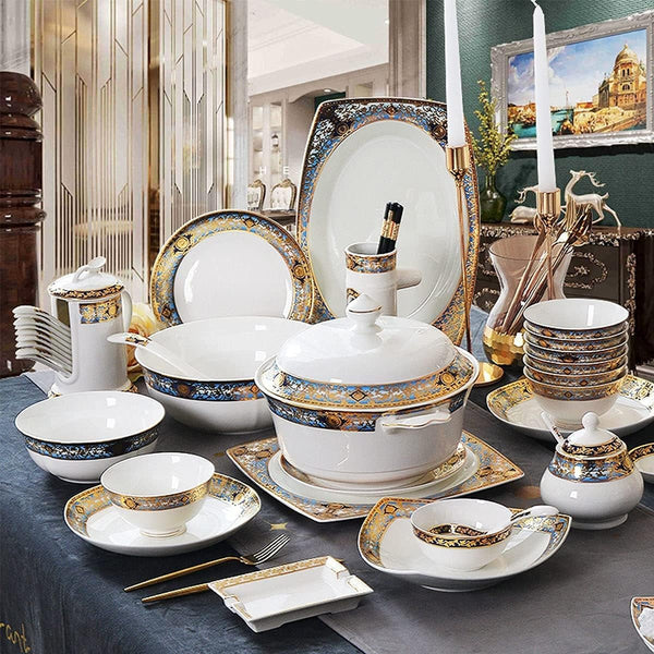 Dinnerware Sets - Luxury Gift Dishes Service Set, 80 Piece Bone China Tableware Set for 10 People, European Style Gold Pattern Dinnerware Set with Bowls and Plates, Oujinmm20243272