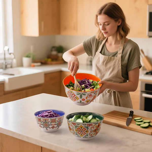 Melamine Mixing Bowl Set with Lids, Salad Bowl Set of 3, Aztec Bloom4