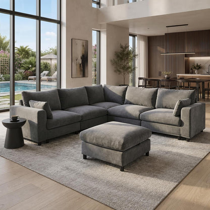Oversized Couch Modular, V Shaped Big Comfy Couch with Ottoman Storage, Deep Seat Sectional Sofa Solid Wood Frame, Home Sofa Living Room, Office, Removable Cover, Grey1