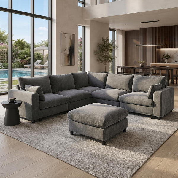 Oversized Couch Modular, V Shaped Big Comfy Couch with Ottoman Storage, Deep Seat Sectional Sofa Solid Wood Frame, Home Sofa Living Room, Office, Removable Cover, Grey1