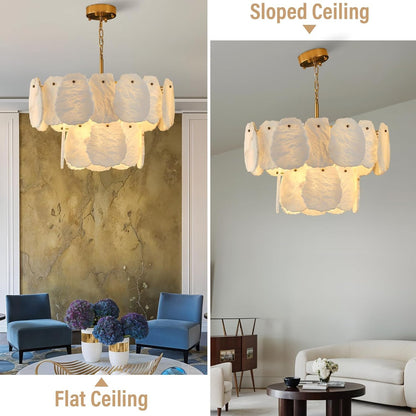 23" Alabaster round Chandelier, 2-Tiers Natural Brass Alabaster Chandeliers, Luxury Modern White Marble Chandeliers for Living Room, Dining Room, Bedroom, Foyer, Entryway, Bathroom, Kitchen5