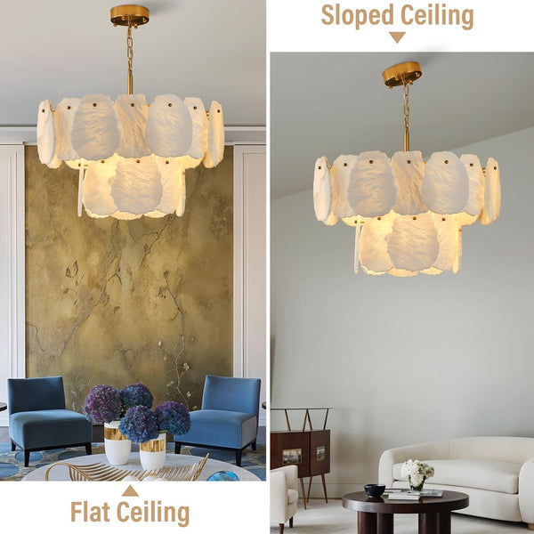 23" Alabaster round Chandelier, 2-Tiers Natural Brass Alabaster Chandeliers, Luxury Modern White Marble Chandeliers for Living Room, Dining Room, Bedroom, Foyer, Entryway, Bathroom, Kitchen5