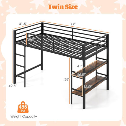 Low Loft Bed Twin Size, Heavy Duty Metal Frame W/Storage Shelves, Ladder & Full-Length Guardrails, Ample Under-Bed Space, Kids Loft Bed with Stairs for Boys Girls Junior, No Box Spring Needed2