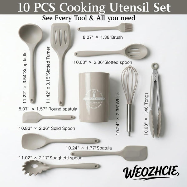 Silicone Kitchen Utensils Set,10 PCS Cooking Kitchen Utensils Set, Nonstick Kitchen Utensils 446°F Heat-Resistant Cookware Kitchen Tools of Spoon,Brush,Whisk,Spatula,Turner Tongs(Khaki)2