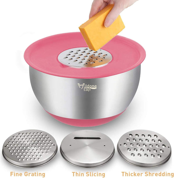 Mixing Bowls with Airtight Lids Set, 5PCS Stainless Steel Nesting Bowls for Kitchen, with Grater Attachments & Non-Slip Bottoms, Size 5, 3, 2, 1.5, 0.63 QT, for Baking & Serving (Colorful)3