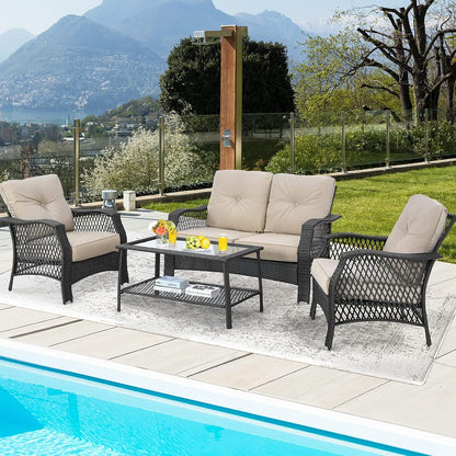 4 Pieces Outdoor Patio Furniture Set, Patiojoy PE Wicker Conversation Sofa Set with Tempered Glass Coffee Table, Sectional Rattan Patio Sofa Set for Garden, Backyard, Poolside (Beige)3
