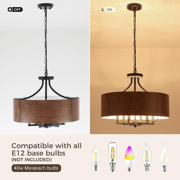 20'' Farmhouse Chandeliers for Dining Room, 6-Light Rustic Chandelier Foyer Lighting Fixtures with Drum Shade, Wood Grain Drum Chandeliers Hanging Light Fixture for Living Room Entryway Hallway7