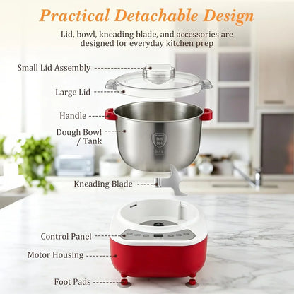 Electric Dough Maker, 7L Large Capacity with Ferment Function, Automatic Dough Kneading Machine, 304 Stainless Steel Bowl for Bread, Noodles, Dumplings, Pizza Dough (Red)4